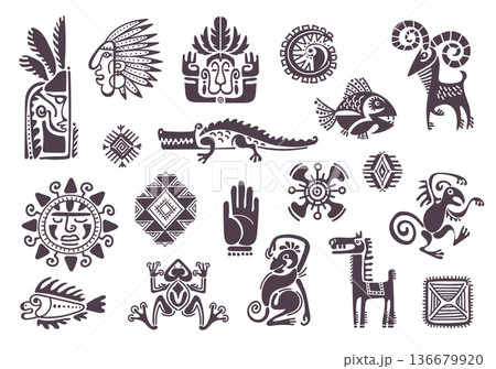 Maya civilization elements. Traditional tribal mexican icons, ethnic animals, masks totems, gods silhouettes, decorative elements for cultural aztec ornaments, shaman sign splendid vector set 136679920