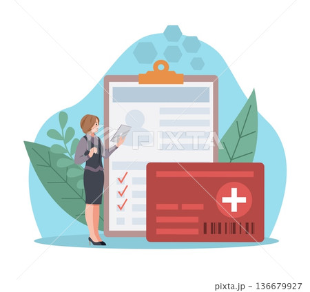 Medical smart healthcare card. Patient identification and registration, woman checks patient information against database, clinical documentation management vector cartoon isolated concept 136679927