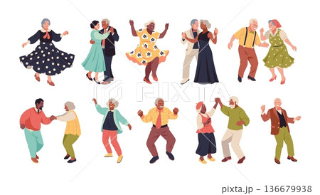 Old couples dancing. Active elderly people, funny dancers characters in active energy poses, senior music lovers, grandparents party, choreography hobby, sport, tidy vector cartoon set 136679938