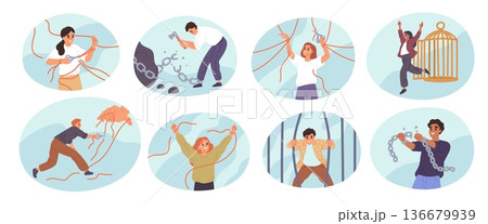 People being freed from bonds. Psychological liberation from problems, connections and manipulations, breaking chains, men escaping, cartoon flat style isolated garish vector mental health set 136679939