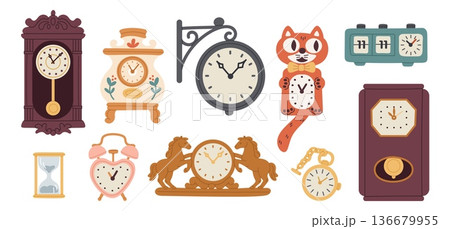 Vintage clocks and watches. Antique interior element, time showing retro devices, classic wooden clocks with pendulum, mechanical hourglass and pocket watch, garish vector isolated set 136679955