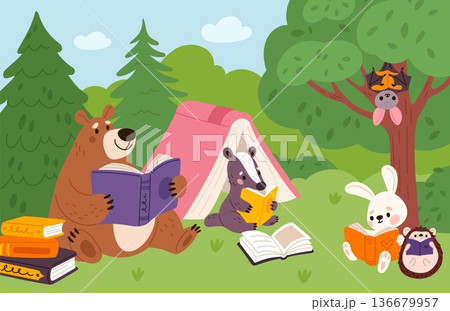 Wild animals reading book. Funny fauna characters in forest, cartoon badger, hedgehog, bear learning, hare and bat in outdoor library, kids mascots, garish vector cartoon isolated concept Wild animals reading book. Funny fauna characters in forest, cartoon badger, hedgehog, bear learning, hare and bat in outdoor library, kids mascots, garish vector cartoon isolated concept 136679957