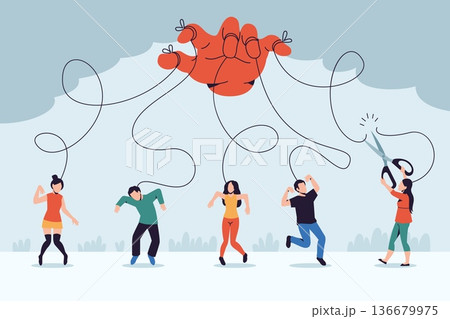 Getting out of control. Puppets cut ties with hand, human manipulation, subordinate people, psychological phenomenon, man and woman puppets with strings tidy vector cartoon isolated concept 136679975
