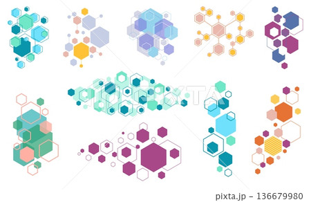 Hexagonal structure icons. Connected geometric structure shapes, molecular diagrams, chemical laboratory badges, hexagons with connectors compositions, qualitative vector isolated set Hexagonal structure icons. Connected geometric structure shapes, molecular diagrams, chemical laboratory badges, hexagons with connectors compositions, qualitative vector isolated set 136679980