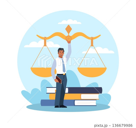 Legal advice. Justice services expert, man with big scales of justice, tacked law books, balance scales, pre trial resolution of problem, lawyer character, vector cartoon isolated concept Legal advice. Justice services expert, man with big scales of justice, tacked law books, balance scales, pre trial resolution of problem, lawyer character, vector cartoon isolated concept 136679986