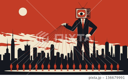 Manipulation people. Imposition of opinions and views through mass media, zombie television, brain control, influence dominates, mass communication tidy vector isolated propaganda concept 136679991