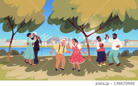 Old people dance in park. Outdoor aged activities, senior dancers characters, grandparents move to music, couples and friends on party time, active lifestyle tidy vector cartoon flat concept Old people dance in park. Outdoor aged activities, senior dancers characters, grandparents move to music, couples and friends on party time, active lifestyle tidy vector cartoon flat concept 136679998