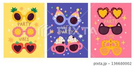 Party sunglasses cards. Funny festival accessories with bright decor, non standard frame shapes, holiday outfit elements, carnival eyewear, poster design garish vector cartoon isolated set Party sunglasses cards. Funny festival accessories with bright decor, non standard frame shapes, holiday outfit elements, carnival eyewear, poster design garish vector cartoon isolated set 136680002