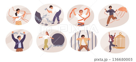 People breaking ties. Men and women freed from bonds and restraints, escaping or psychology separation, cutting, tearing of chains, mental health symbol, garish vector cartoon isolated set People breaking ties. Men and women freed from bonds and restraints, escaping or psychology separation, cutting, tearing of chains, mental health symbol, garish vector cartoon isolated set 136680003