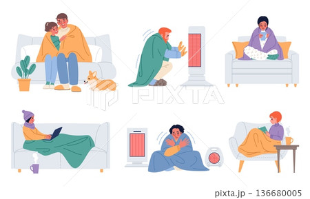 People freezing at home. Winter cold season, heating lack, keep warm attempts, warm blankets, shivering sad characters in living rooms with sofa, classy vector cartoon isolated set People freezing at home. Winter cold season, heating lack, keep warm attempts, warm blankets, shivering sad characters in living rooms with sofa, classy vector cartoon isolated set 136680005