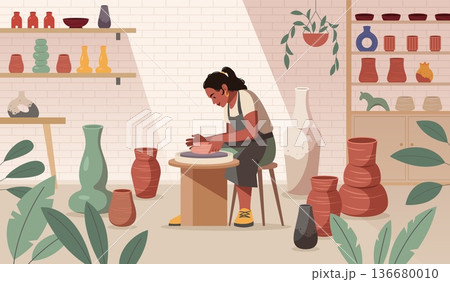 Professional ceramist works in studio. Woman sculpts clay on pottery wheel, crockery process, creativity and hobbies, girl making handmade ceramic, tidy vector cartoon isolated concept 136680010