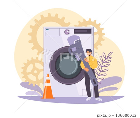 Repair of household appliances. Repairman with large wrench on background of washing machine, reliable home service, technician character laundry equipment vector cartoon isolated concept Repair of household appliances. Repairman with large wrench on background of washing machine, reliable home service, technician character laundry equipment vector cartoon isolated concept 136680012