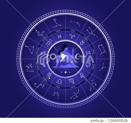 Women zodiac circle. Feminine round with astrological signs, beautiful girl in bikini, different constellations, celestial mystic emblem, cosmic balance tidy vector cartoon isolated concept 136680026