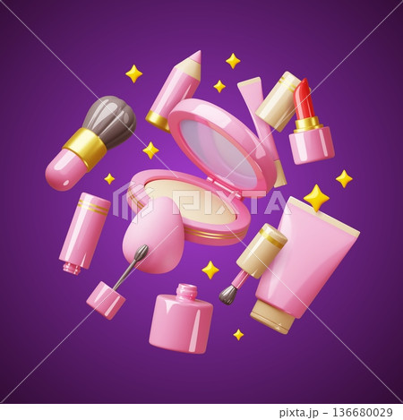 Cartoon 3d flying makeup icons. Decorative cosmetics composition, beauty products, skincare elements, lipstick, mascara, powder in round form, render glossy isolated classy vector concept Cartoon 3d flying makeup icons. Decorative cosmetics composition, beauty products, skincare elements, lipstick, mascara, powder in round form, render glossy isolated classy vector concept 136680029