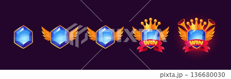 Cartoon game icon upgrade. Gradual detailing of gem, level up element, diamond evolution, precious badge of distinction, reward badges, achievement status, rank progression. Tidy vector set Cartoon game icon upgrade. Gradual detailing of gem, level up element, diamond evolution, precious badge of distinction, reward badges, achievement status, rank progression. Tidy vector set 136680030