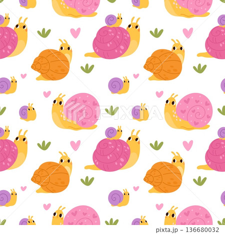 Cartoon snails seamless pattern. Repeated funny clams with shells characters, cartoon color mascots, cute slug textile, wrapping paper, wallpaper. Print for fabric garish vector background 136680032