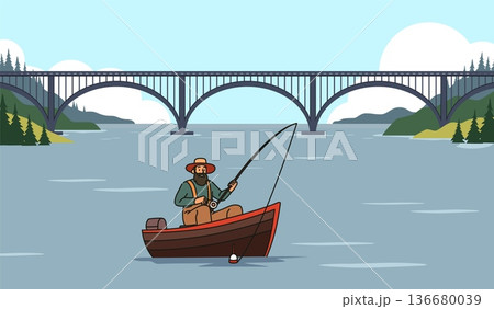 Illegal fishing. Fisherman is breaking law, man is fishing in city, guy in boat under bridge, crime against nature, environmental protection, cartoon flat style isolated vector concept 136680039