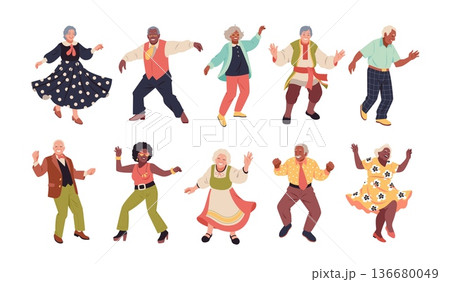 Old people dancing. Senior dancers characters, funny elderly men and women expressive poses, active pensioners, grandparents music party, choreography class tidy vector cartoon isolated set Old people dancing. Senior dancers characters, funny elderly men and women expressive poses, active pensioners, grandparents music party, choreography class tidy vector cartoon isolated set 136680049