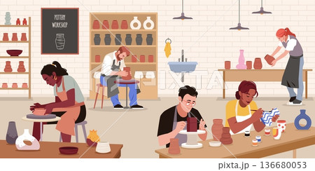 Pottery workshop people. Men and women making ceramic, working on potter wheel, drying and painting, hobby and handwork, craftsmen sculpt from clay, tidy vector cartoon isolated concept Pottery workshop people. Men and women making ceramic, working on potter wheel, drying and painting, hobby and handwork, craftsmen sculpt from clay, tidy vector cartoon isolated concept 136680053