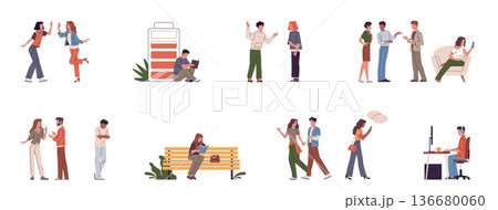 Sociable and introverted people. Character traits, psychological phenomenon, positive extroverts, communication desire, psychology behavior, personality habits nowaday vector cartoon set Sociable and introverted people. Character traits, psychological phenomenon, positive extroverts, communication desire, psychology behavior, personality habits nowaday vector cartoon set 136680060