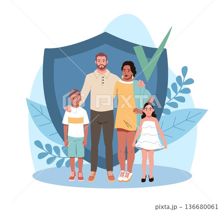 Social security. State allowance, family budget, parents with children under shield, protection and support, insurance symbol as safety, care, risk management, vector cartoon concept Social security. State allowance, family budget, parents with children under shield, protection and support, insurance symbol as safety, care, risk management, vector cartoon concept 136680061