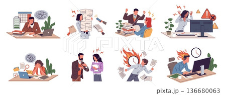 Stressed office staff. Employees at work, tired, burnt out people, deadline and conflict situation, documents confusion, paperwork piles, management pressure nowaday vector cartoon flat set 136680063
