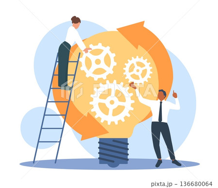 Successful project management, stages of project completion. Office staff with big light bulb ideas, business process optimization, innovation strategy, vector cartoon isolated concept 136680064