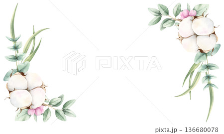 Cotton, green eucalyptus leaves, pink berries corner frame. Watercolor illustration isolated on white background. Botanical hand drawn painting with copy space for greeting cards, wedding invitations Cotton, green eucalyptus leaves, pink berries corner frame. Watercolor illustration isolated on white background. Botanical hand drawn painting with copy space for greeting cards, wedding invitations 136680078