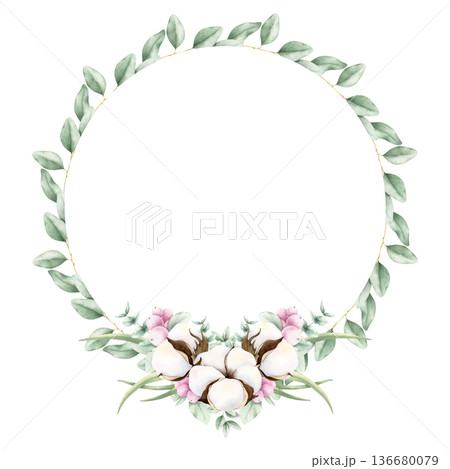 Watercolor botanical round frame with cotton, green eucalyptus, pink berries. Hand painted illustration isolated on white background. Elegant wreath with copy space, for wedding invitations, cards 136680079