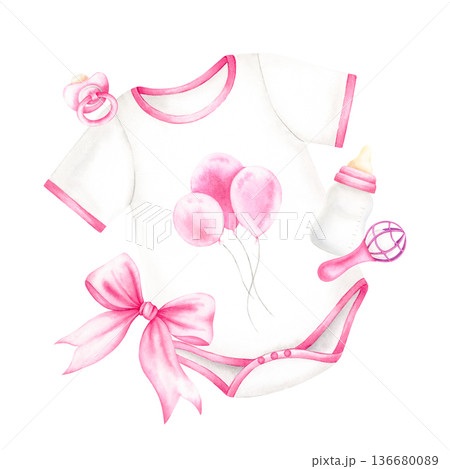 Bodysuit, bottle, pacifier, toy, ribbon composition. Pink newborn girl items set for baby shower. Watercolor hand drawn illustration isolated on white background. For invitation cards, design, decor. 136680089