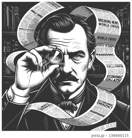 Man Analyzing Headlines of Global Crisis Man Analyzing Headlines of Global Crisis 136680115