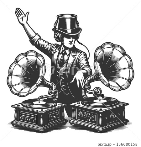 Vintage DJ Mixing Music with Gramophones raster Vintage DJ Mixing Music with Gramophones raster 136680158