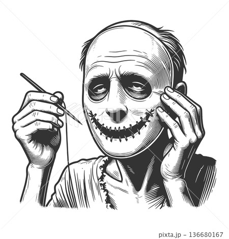 Man stitching a smiling mask onto his face 136680167