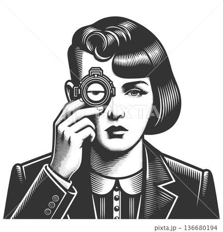 Vintage Woman Examining Eye Through Lens 136680194