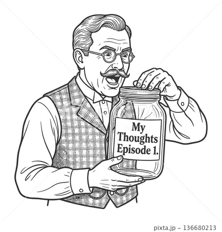 Victorian Gentleman Holding Jar of Thoughts 136680213