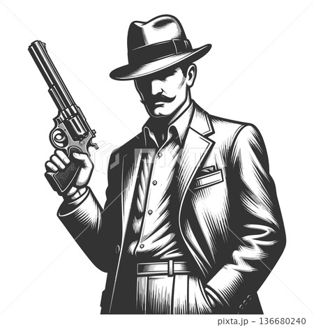 Gangster Holding Pistol in Suit and Hat vector 136680240