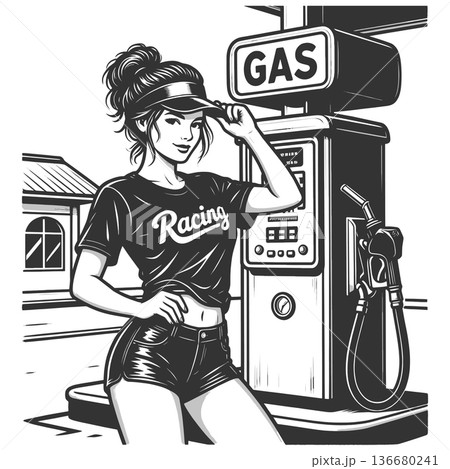 Smiling woman in racing outfit at gas station Smiling woman in racing outfit at gas station 136680241