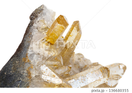 Macro Mineral Stone Crystals Citrine on a white background 136680355