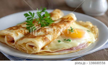 Enjoying a Crpe Filled With Ham, Cheese, and Egg Served on a White Plate During a Breakfast Meal 136680556