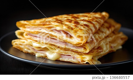 Crpe Filled With Ham, Cheese, and Egg Placed on a Dark Plate Ready for Serving in a Kitchen Setting 136680557