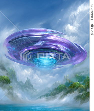 Cultivators Gather Around Energy Core in a Vibrant Landscape With a Sky and Mountains 136680559