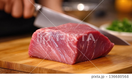 Cutting Beef Chunk With Knife on Wooden Board in Kitchen During Meal Preparation Cutting Beef Chunk With Knife on Wooden Board in Kitchen During Meal Preparation 136680568