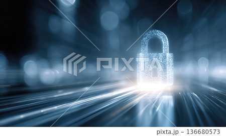 Cybersecurity Data Protection Concept With Digital Lock and Blurred Background of Data Streams 136680573