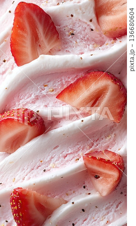 Strawberry Vanilla Ice Cream With Slices of Fresh Strawberries on a Swirled Texture Strawberry Vanilla Ice Cream With Slices of Fresh Strawberries on a Swirled Texture 136680604