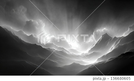 Determinism as a Fogshrouded Journey Across Mountains in Black and White Landscape Determinism as a Fogshrouded Journey Across Mountains in Black and White Landscape 136680605