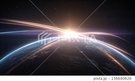 Thin Glowing Lines Connect and Extend Towards the Bright Light From Space Above the Earth 136680626