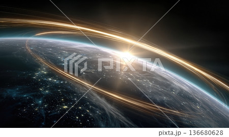 Multiple Glowing Lines Connect Around Earth as the Sun Rises Over the Horizon in a Dramatic Display 136680628
