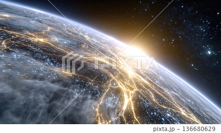 Multiple Thin Glowing Lines Connect Over Earth During Sunrise in Space With a View of Stars Multiple Thin Glowing Lines Connect Over Earth During Sunrise in Space With a View of Stars 136680629