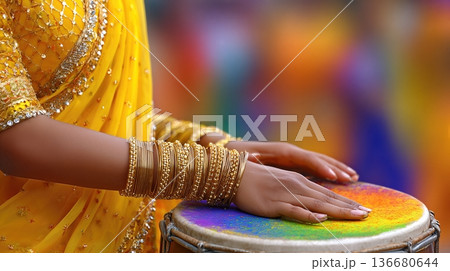Celebration of Indian Festival With Womens Hands Playing a Drum in Vibrant Colors Celebration of Indian Festival With Womens Hands Playing a Drum in Vibrant Colors 136680644