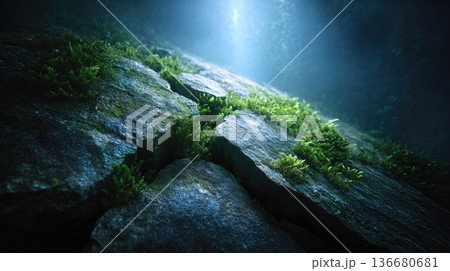 Weathered Stone Surface Shows Cracks Filled With Moss in a Natural Setting Weathered Stone Surface Shows Cracks Filled With Moss in a Natural Setting 136680681